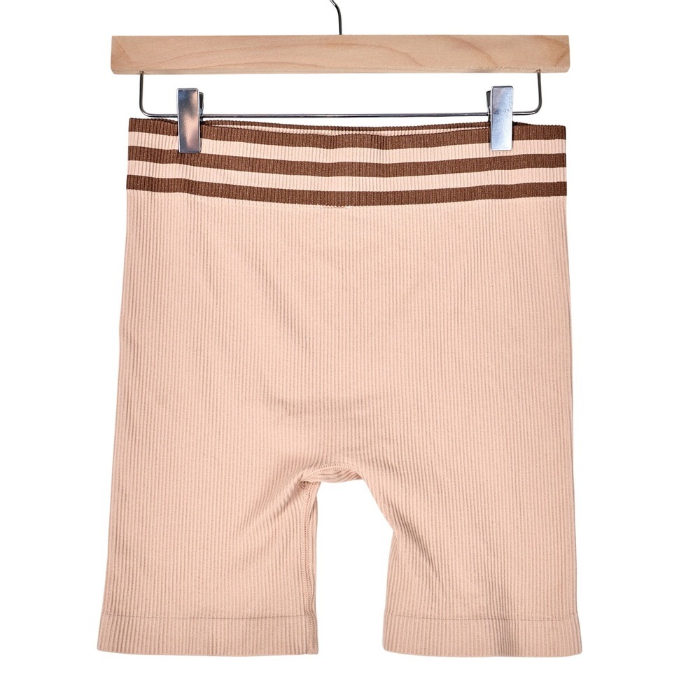 Bare Necessities Womens Ribbed Seamless Biker Shorts Tan Beige Striped Size M